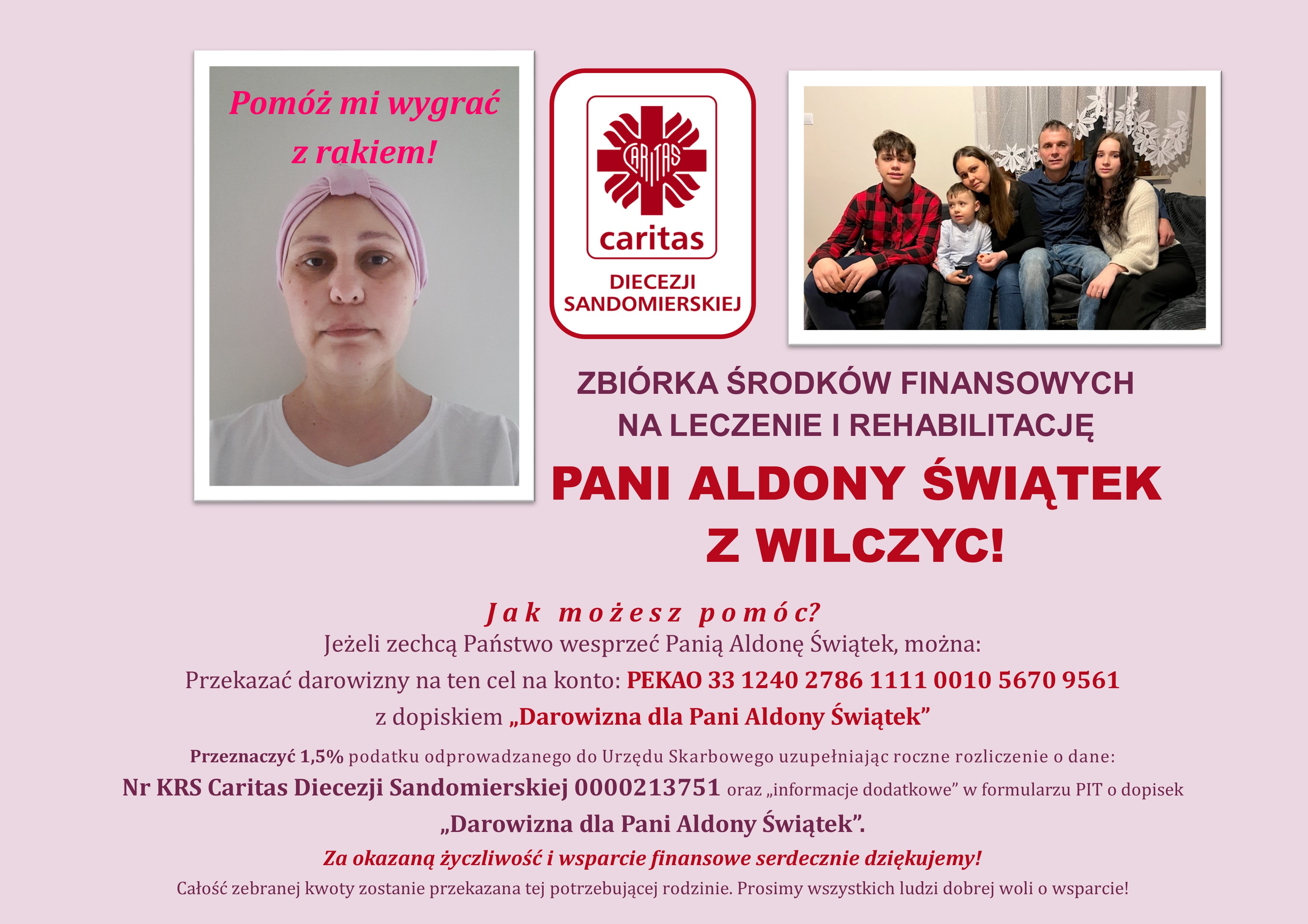 Plakat informujący o pomocy dla pani Aldony Świątek 