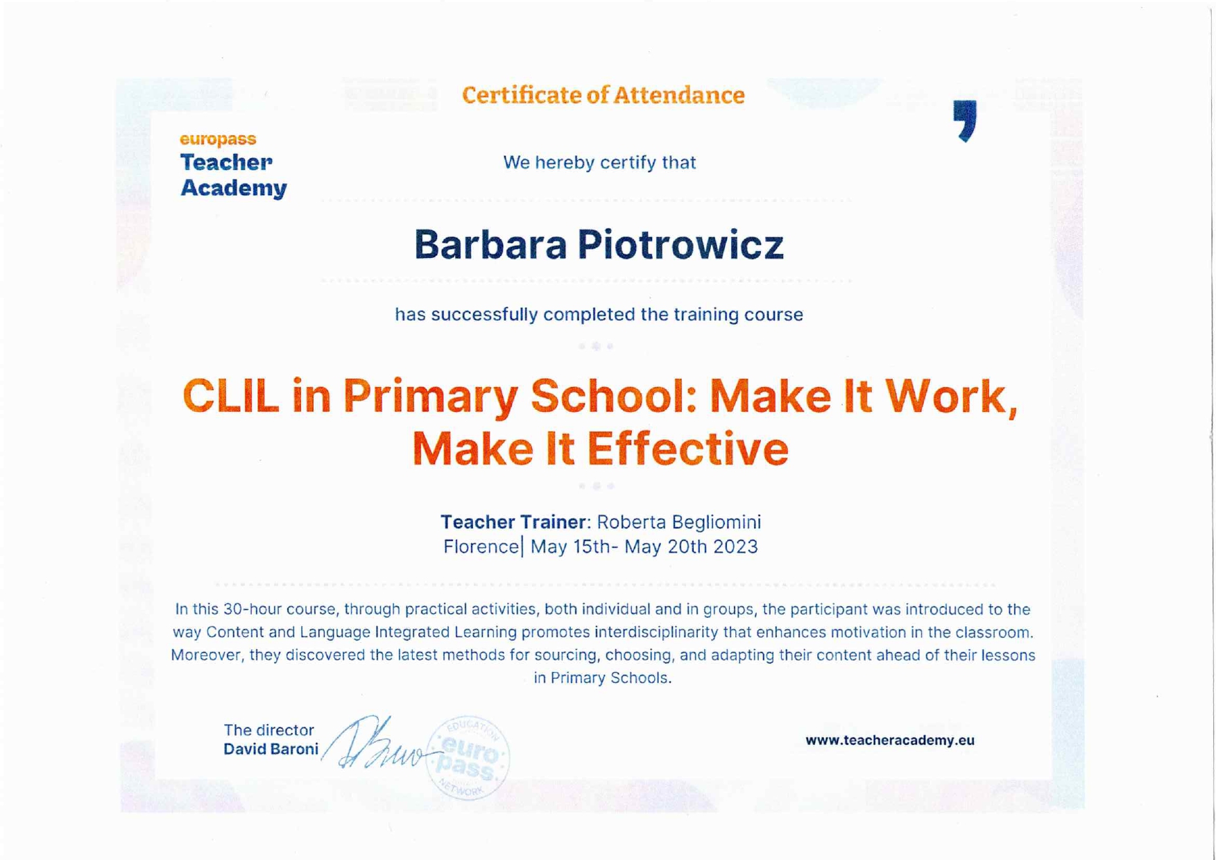 Certyfikat ukończenia kursu językowego CLIL Barbary Piotrowicz