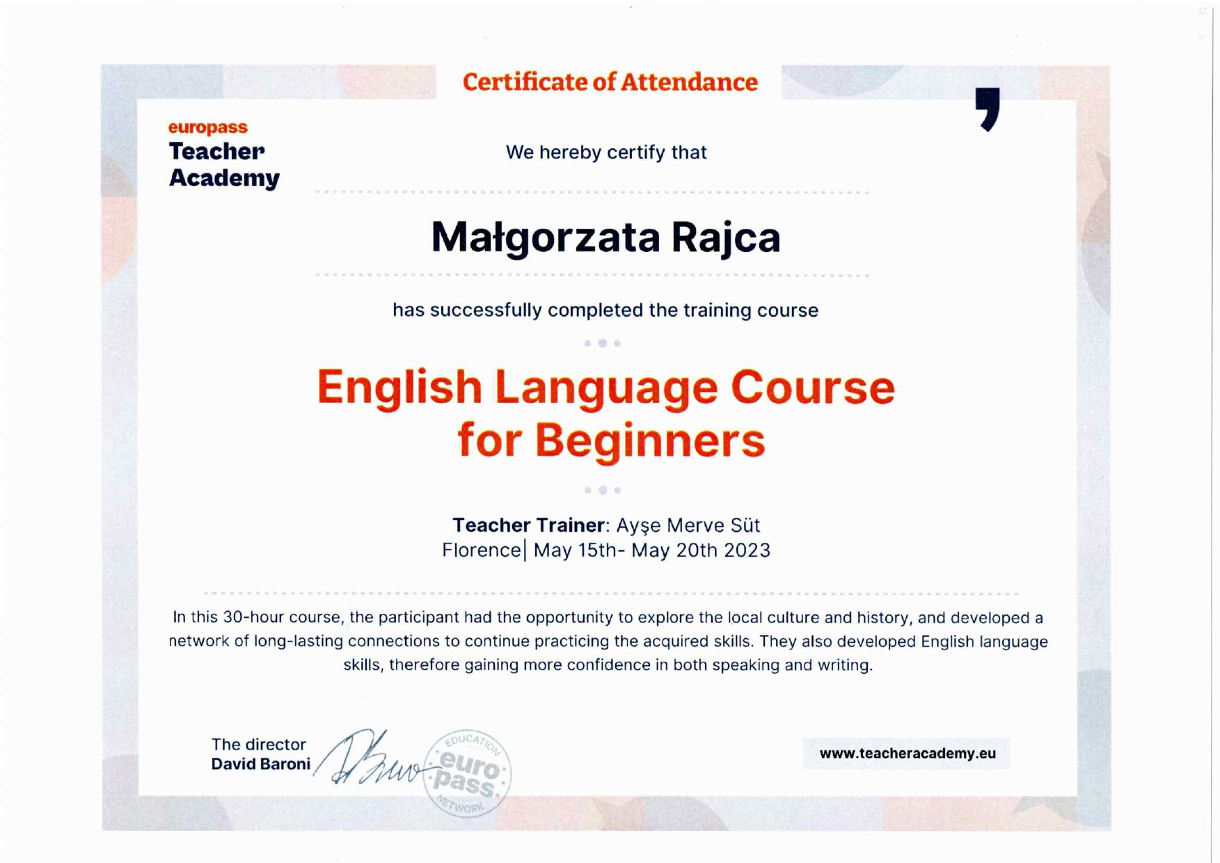 Certyfikat ukończenia kursu językowego Małgorzaty Rajcy