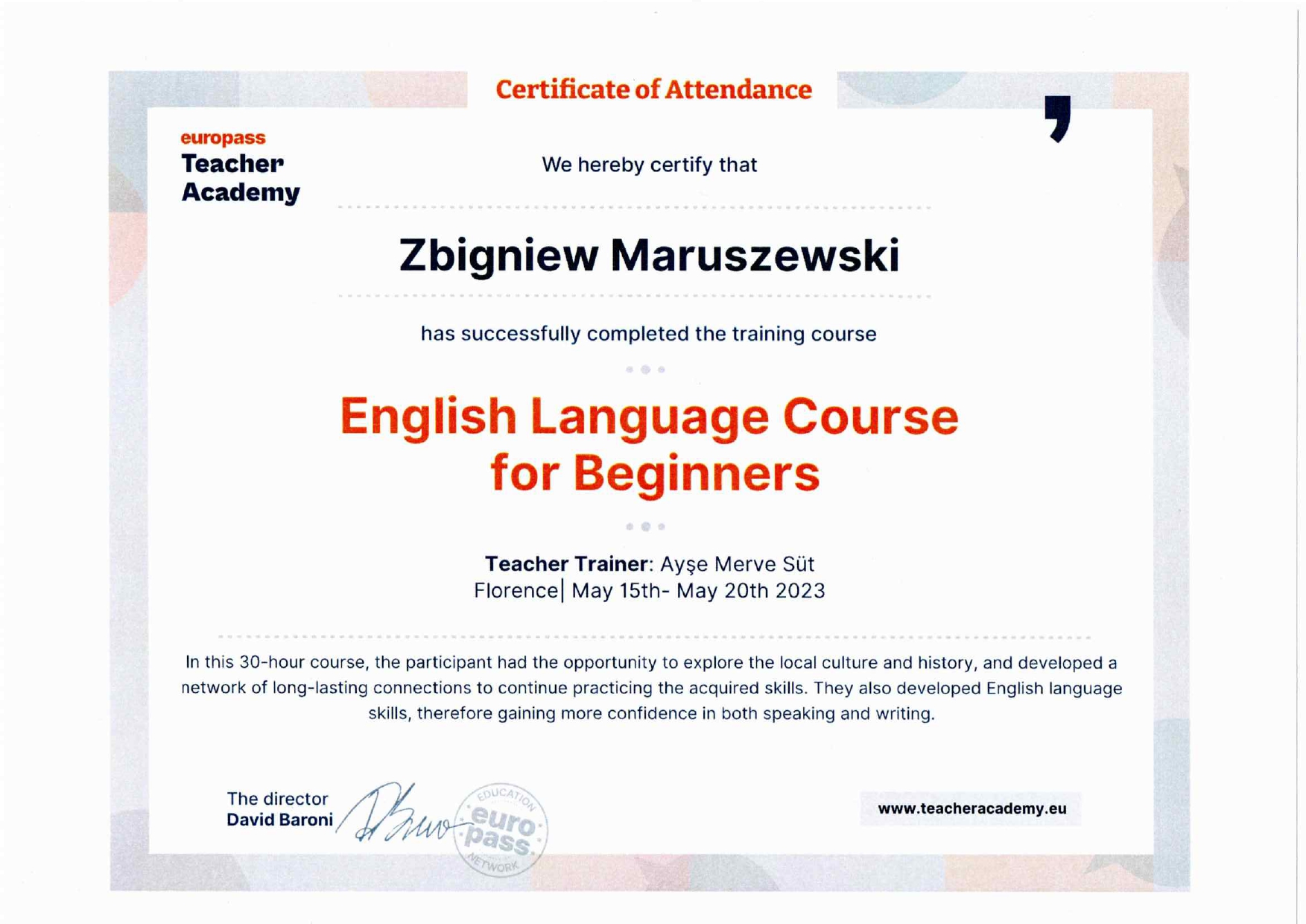 Certyfikat ukończenia kursu językowego Zbigniewa Maruszewskiego