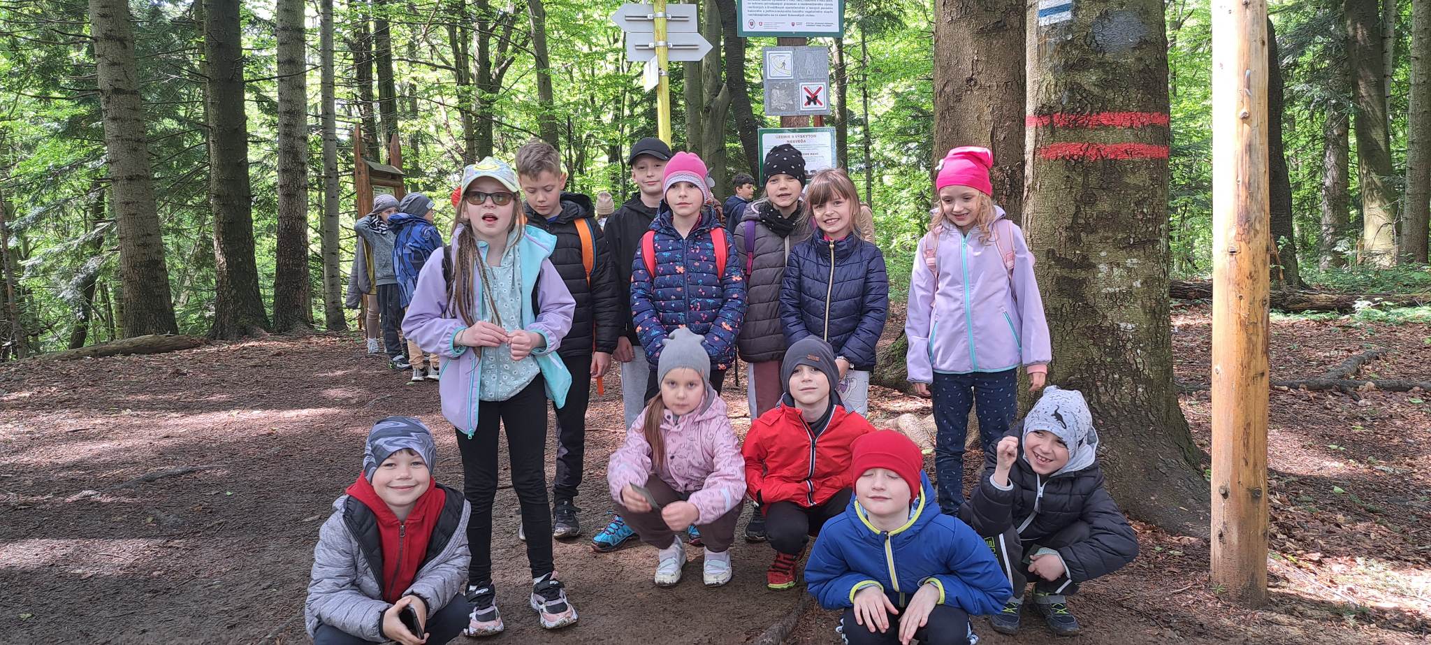 Zdjęcie grupowe – dzieci z pierwszej klasy  przy leśnej granicy ze Słowacją